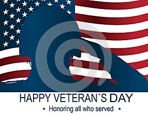 Soldier silhouette saluting the USA flag for memorial day. Happy veteran`s day poster or banners â€“ On November 11.