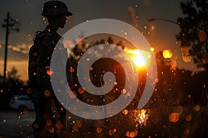 Soldier Standing in Front of Sunset Generative AI