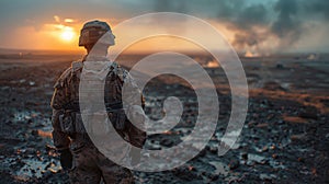 Soldier Stands Before Large Plume of Smoke