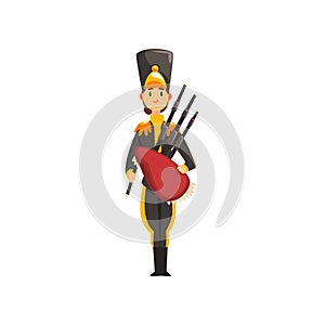 Soldier in uniform with bagpipes, member of army military band with musical instrument vector Illustration on a white