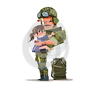 Soldier in uniform reunited with his daughter. character design.