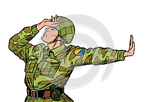 Soldier in uniform shame denial gesture no. anti militarism pacifist photo