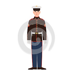 Soldier of USA armed force wearing parade uniform and cap. American military man, sergeant or infantryman isolated on photo