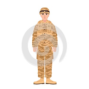 Soldier of USA armed forces wearing combat uniform. Infantryman or serviceman in battledress isolated on white photo