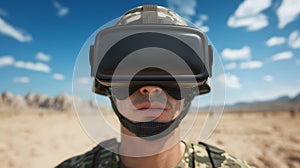Soldier Using Virtual Reality Headset in Desert Environment