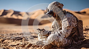 Soldier using virtual reality headset in desert training