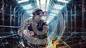 Soldier in virtual reality glasses. Military concept of the future