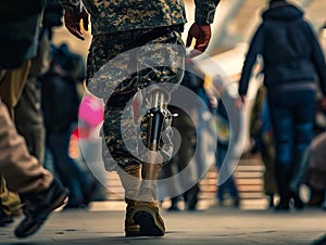 A soldier walking down the street with his leg brace