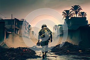 soldier walks along a road in a ruined city. Generative AI