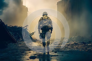 soldier walks along a road in a ruined city. Generative AI