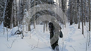 Soldier with weapons in cold forest. Winter warfare and military concept. Clip. Soldiers in winter forest on skis with