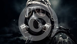 Soldier wearing gasmask in a war zone ai, ai generative, illustration