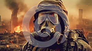 Soldier wearing gasmask in a war zone. Generative AI