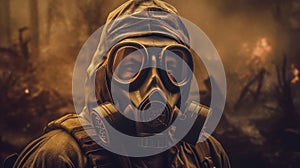 Soldier wearing gasmask in a war zone. Generative AI