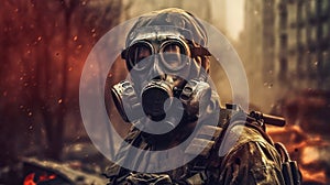 Soldier wearing gasmask in a war zone. Generative AI