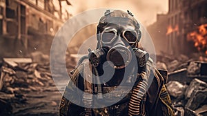 Soldier wearing gasmask in a war zone. Generative AI