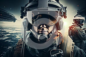 soldier wearing virtual reality glasses. Military VR and technology concept.