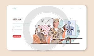 Soldier web banner or landing page. Millitary force employee in camouflage