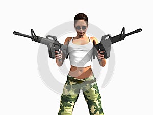 Soldier woman holding guns
