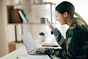 Soldier, woman and wave on laptop for communication, video call and happiness in living room for home. Computer, digital