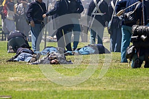 Soldiers on the battlefield during the Civil War reenactment