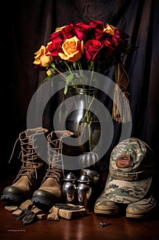 soldiers boots, helmet, and dog tags arrangement