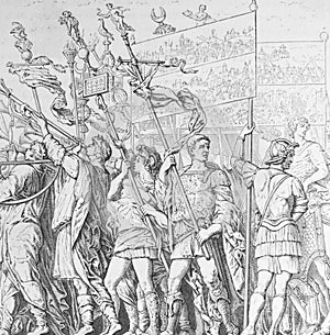 The Soldiers of Caesar`s Triumph by Andrea Mantegna, an Italian painter in the old book Histoire des Peintres, by M. Blanc, 1868,