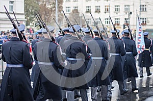 Soldiers of Castle guard  are marching on military parade