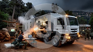 Soldiers coordinate inside a field mobile command truck equipped with modern electronic systems, operating at night in a forested