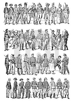 Soldiers costume collection from 1700 to 1900 / Vintage and Antique illustration from Petit Larousse 1914