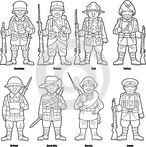 Soldiers of countries participating in the First World War, set of vector images photo