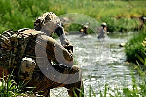 Soldiers game on military training ground, battle camp. Action. Operation Trainer giving training to military soldiers