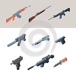 Soldiers guns. Isometric weapons automatic arms for modern warriors garish vector guns for war collection pictures