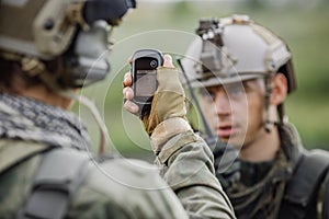 Soldiers holding navigator in hand and determines the location o