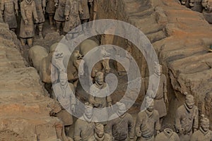 Soldiers with horses in the Pit 1 of the Army of Terracotta Warriors near Xi& x27;an, Shaanxi province, Chi