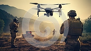 Soldiers launching a drone in an outdoor setting, Military drone, Showcasing the precision and expertise involved in the operation