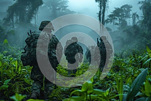 Soldiers navigating through dense forest terrain during a training exercise