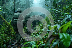 Soldiers navigating through dense forest terrain during a training exercise