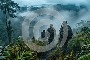 Soldiers navigating through dense forest terrain during a training exercise