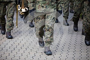 Soldiers on parade march with brass instruments.