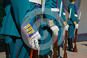 Soldiers in parade uniform with rifles