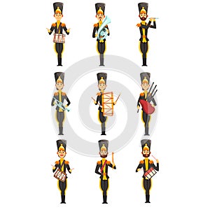 Soldiers playing musical instruments, members of army military band in black uniform vector Illustration on a white