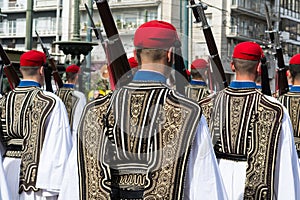 Soldiers of the presidential guard evzones - tsoliades marching in Athens, Greece