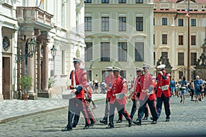 Soldiers in red uniforms on display at the formal end of changeover of the guards in Prague, Czech Republic.