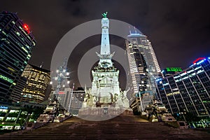 The Soldiers and Sailors Monument at night in downtown Indianapolis, Indiana