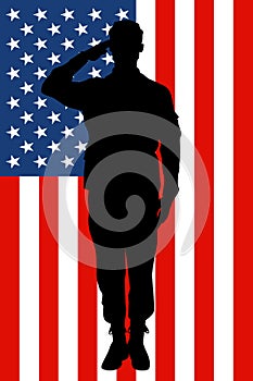 Soldiers silhouette saluting the USA flag for memorial day or veterans day vector slant vertical photo