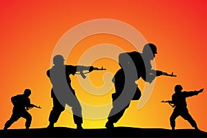 Soldiers troop in action sunset vector