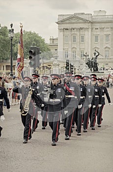 Soldiers trooping at the Birthday Parade of the Queen, Horse Guards, London, England