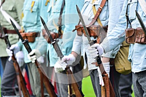 Soldiers in uniforms during military reenactment