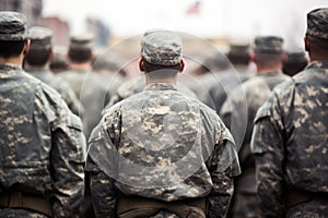 Soldiers of the US Army on the background of the city, US soldiers standing in a formation on a ceremony, rear view, top section